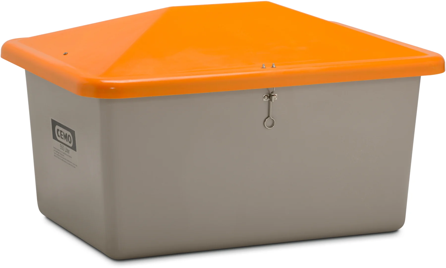 CEMO Grit bin with vandalism-proof lid, 550 L, grey, orange